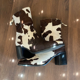 Cow Print Hair Square Toe Chunky Heel Boots | 8