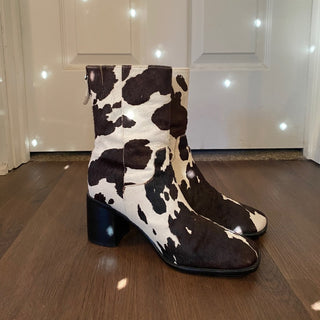 Cow Print Hair Square Toe Chunky Heel Boots | 8